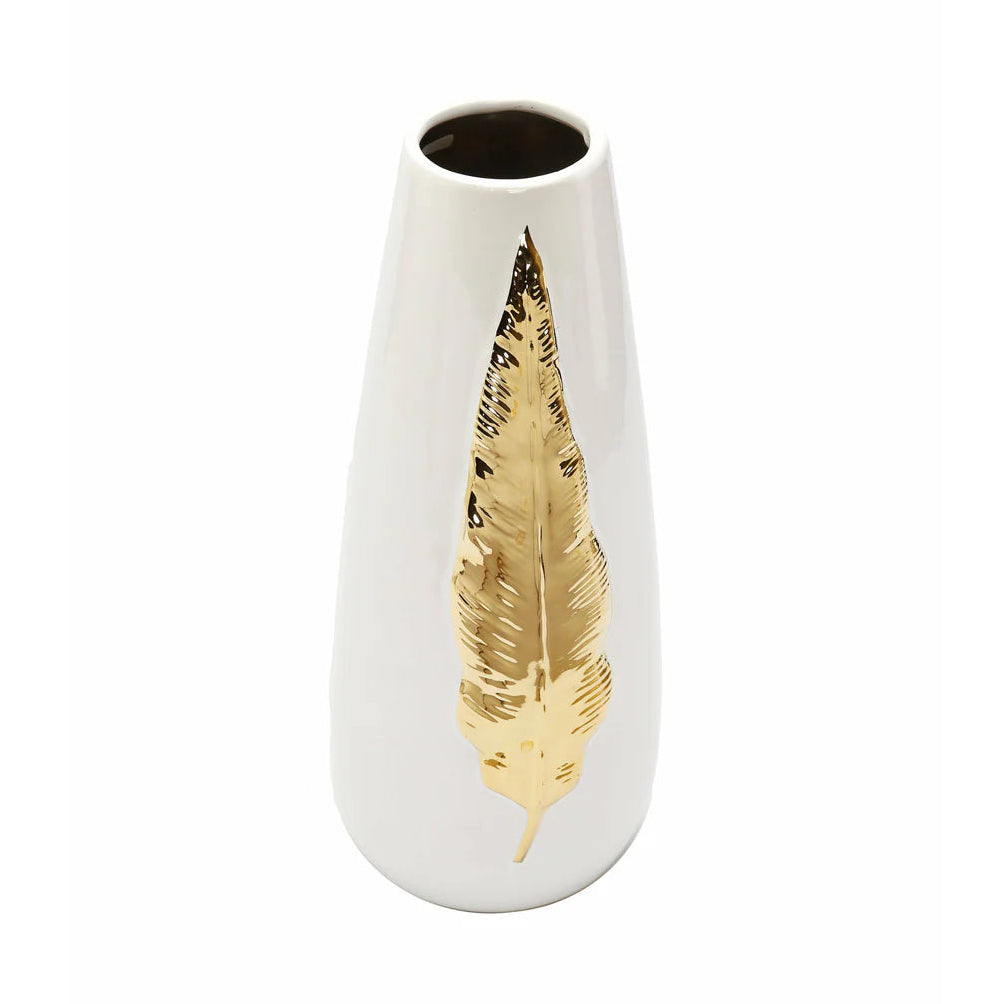 White Ceramic Tall Vase Gold Leaf Design - Large