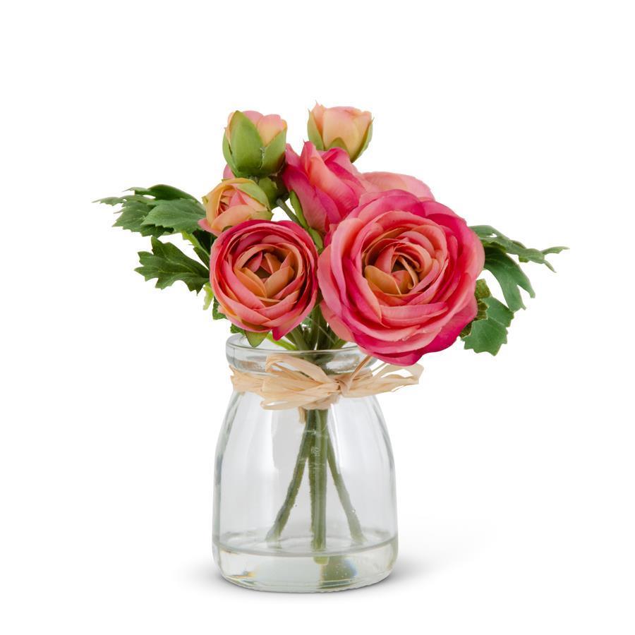 6.75 INCH PINK RANUNCULUS BOUQUET IN GLASS VASE W/FAUX WATER - Elegant Linen