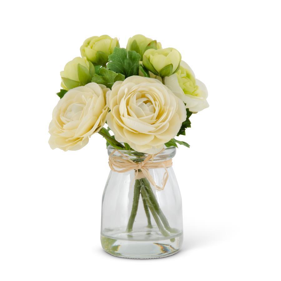 6.75 INCH WHITE RANUNCULUS BOUQUET IN GLASS VASE W/FAUX WATER - Elegant Linen