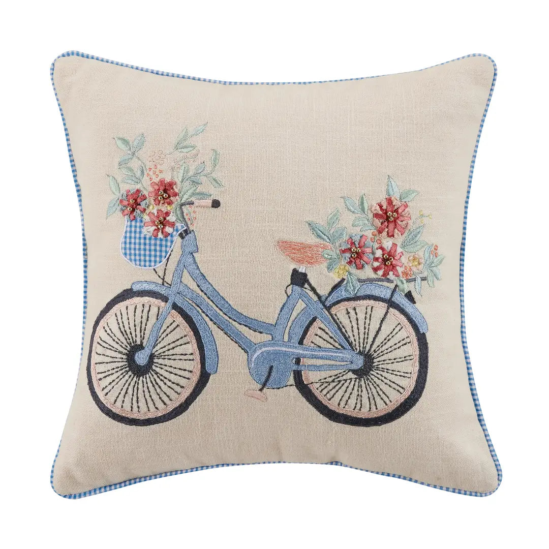 Gingham Bike Embroidered Pillow