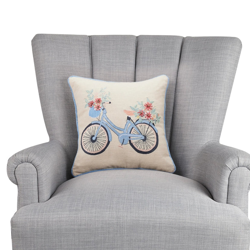 Gingham Bike Embroidered Pillow