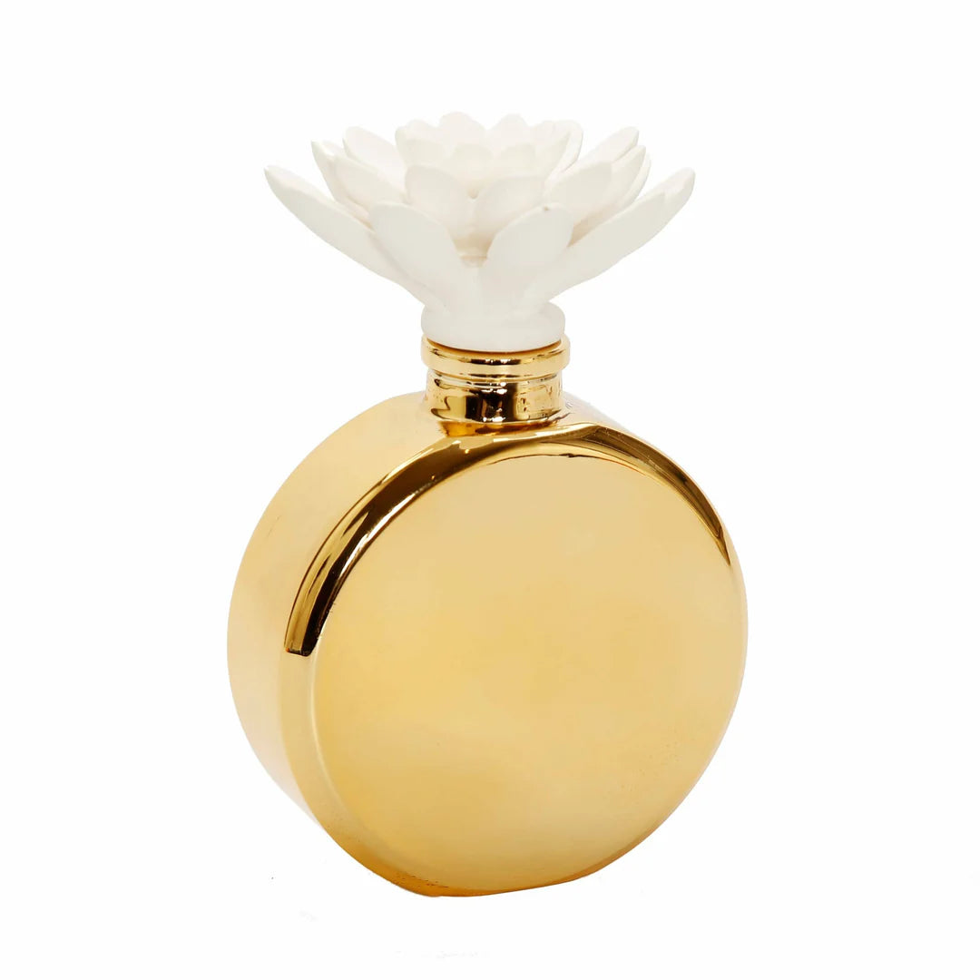 Gold Bottle Diffuser with White Flower, "Iris & Rose" Scent