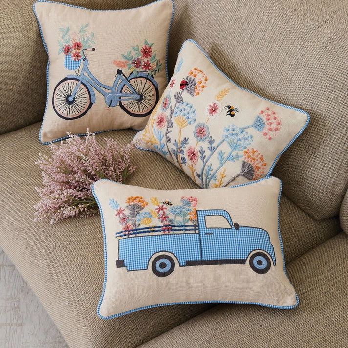 Gingham Truck Embroidered Pillow