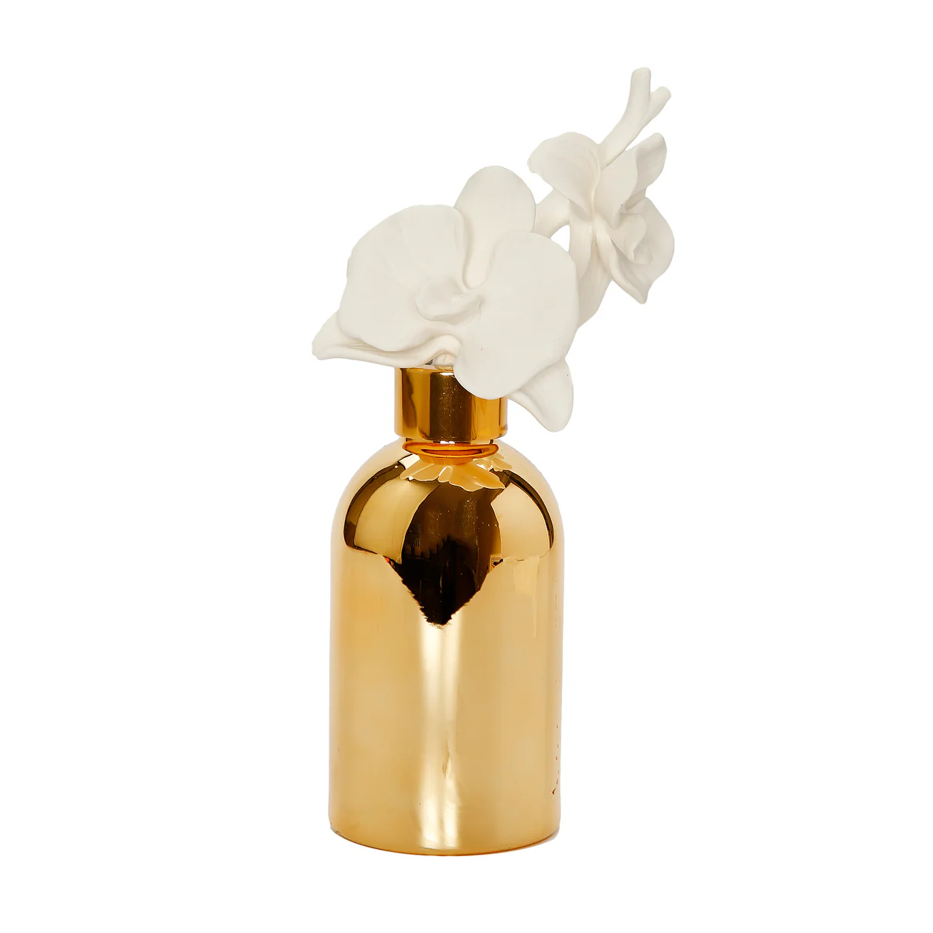 Gold Bottle Diffuser with Gold Cap/White Flower, "Lily of the Valley" Scent