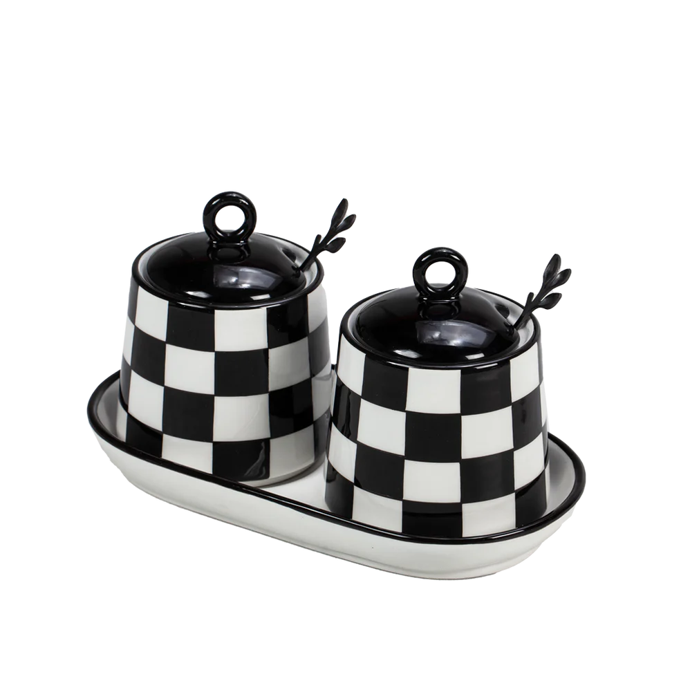 Chic Checkered Porcelain Coffee & Sugar Jars