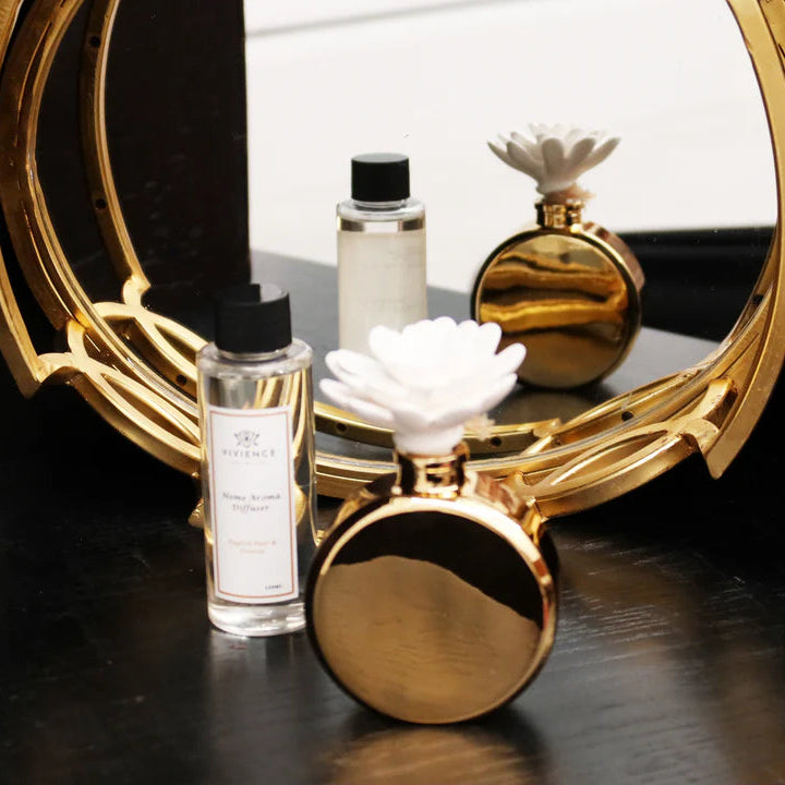 Gold Bottle Diffuser with White Flower, "Iris & Rose" Scent