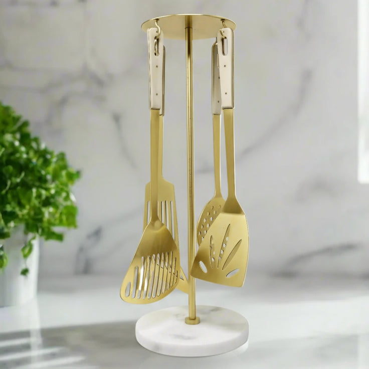 Set of 4 Serving Utensils Gold with Marble Handles