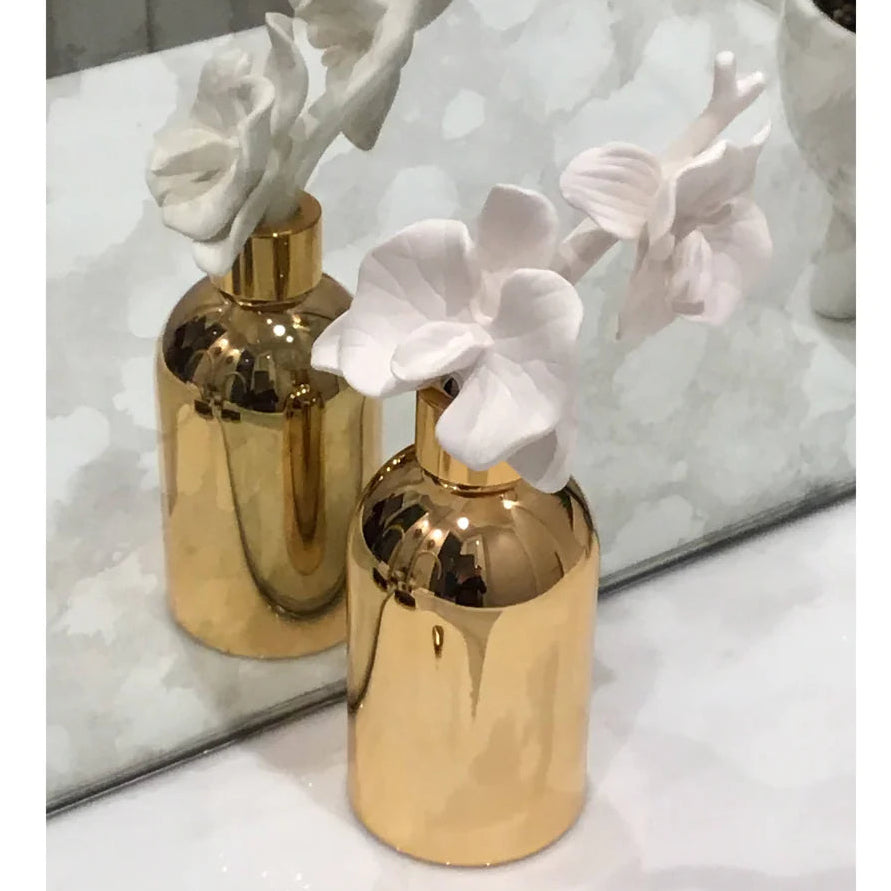 Gold Bottle Diffuser with Gold Cap/White Flower, "Lily of the Valley" Scent