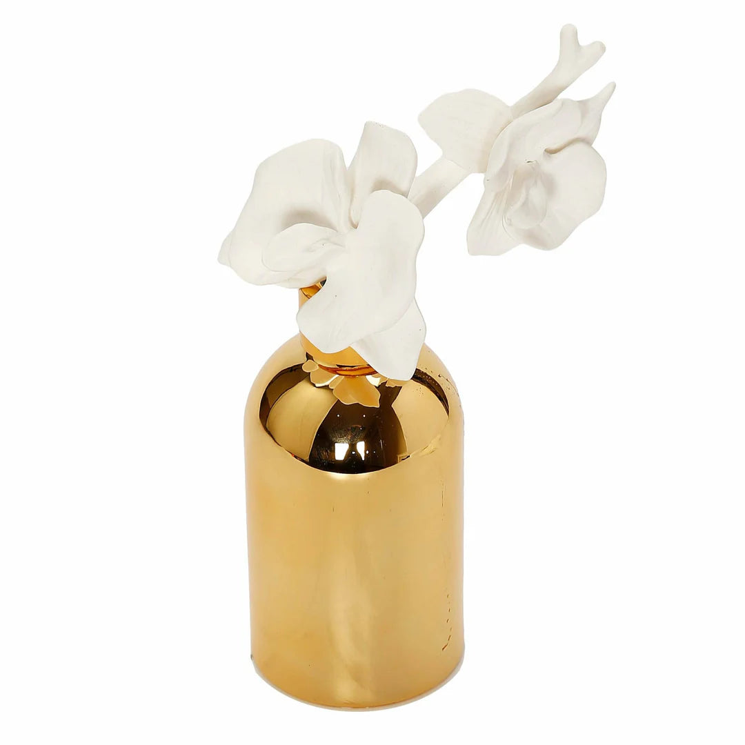 Gold Bottle Diffuser with Gold Cap/White Flower, "Lily of the Valley" Scent