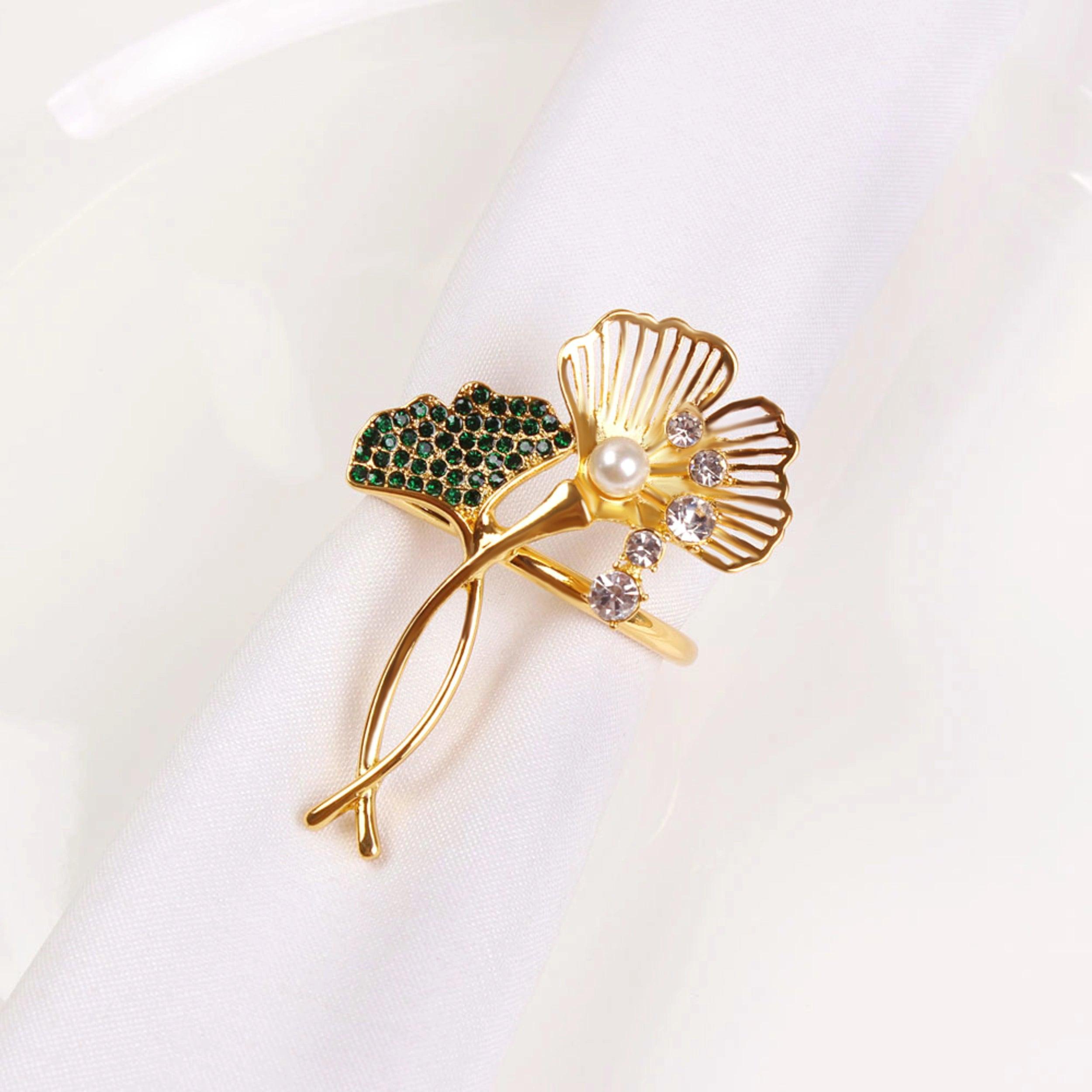 Floral Gold And Green Napkin Rings-Set of 4 - Elegant Linen