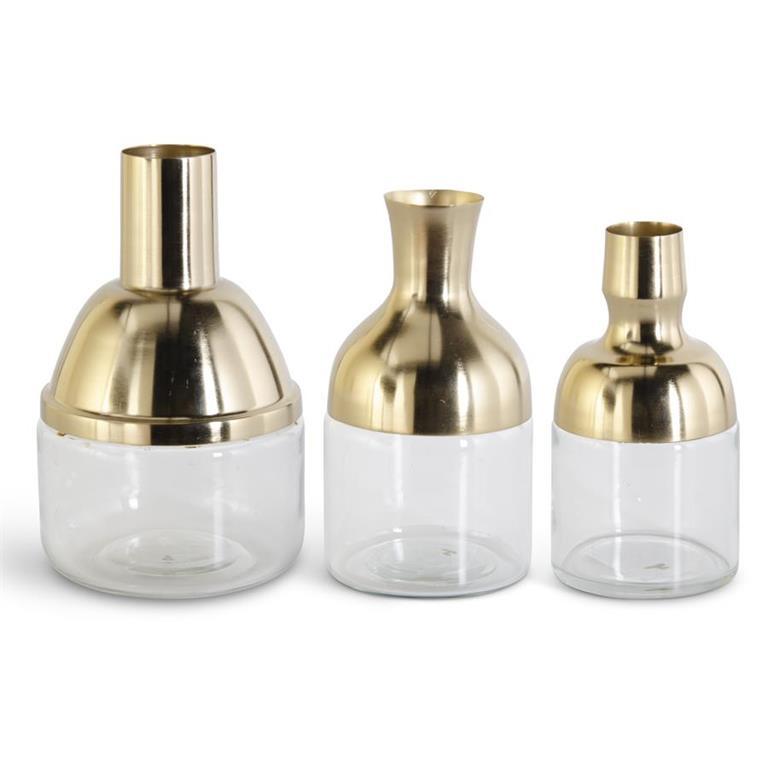 Gold Metal & Clear Glass Long Neck Vases - Elegant Linen