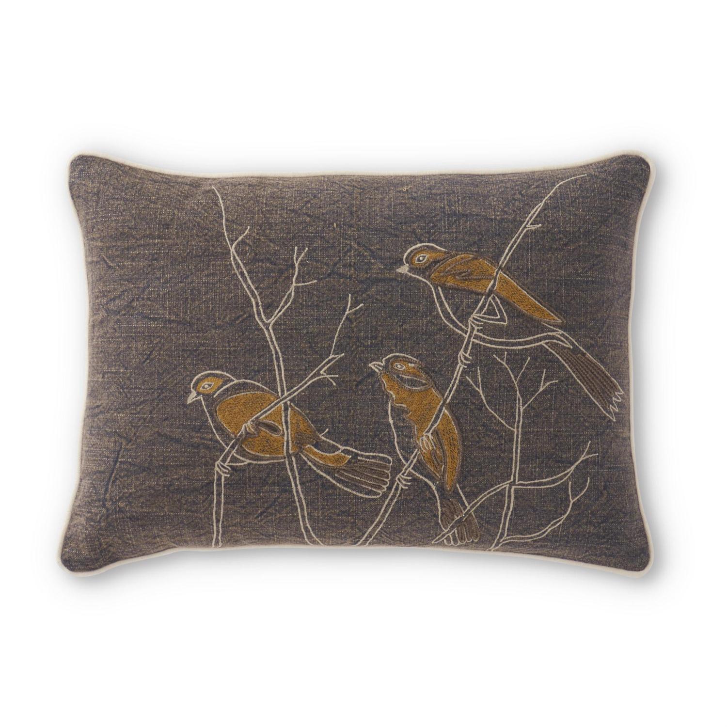 Grey Pillow W/3 Embroidered Birds - Elegant Linen