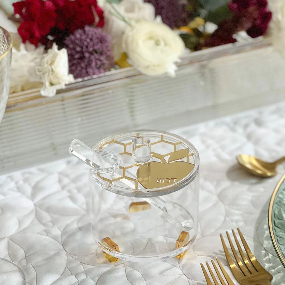 Round Lucite Honey Dish Honeycomb Design - Elegant Linen