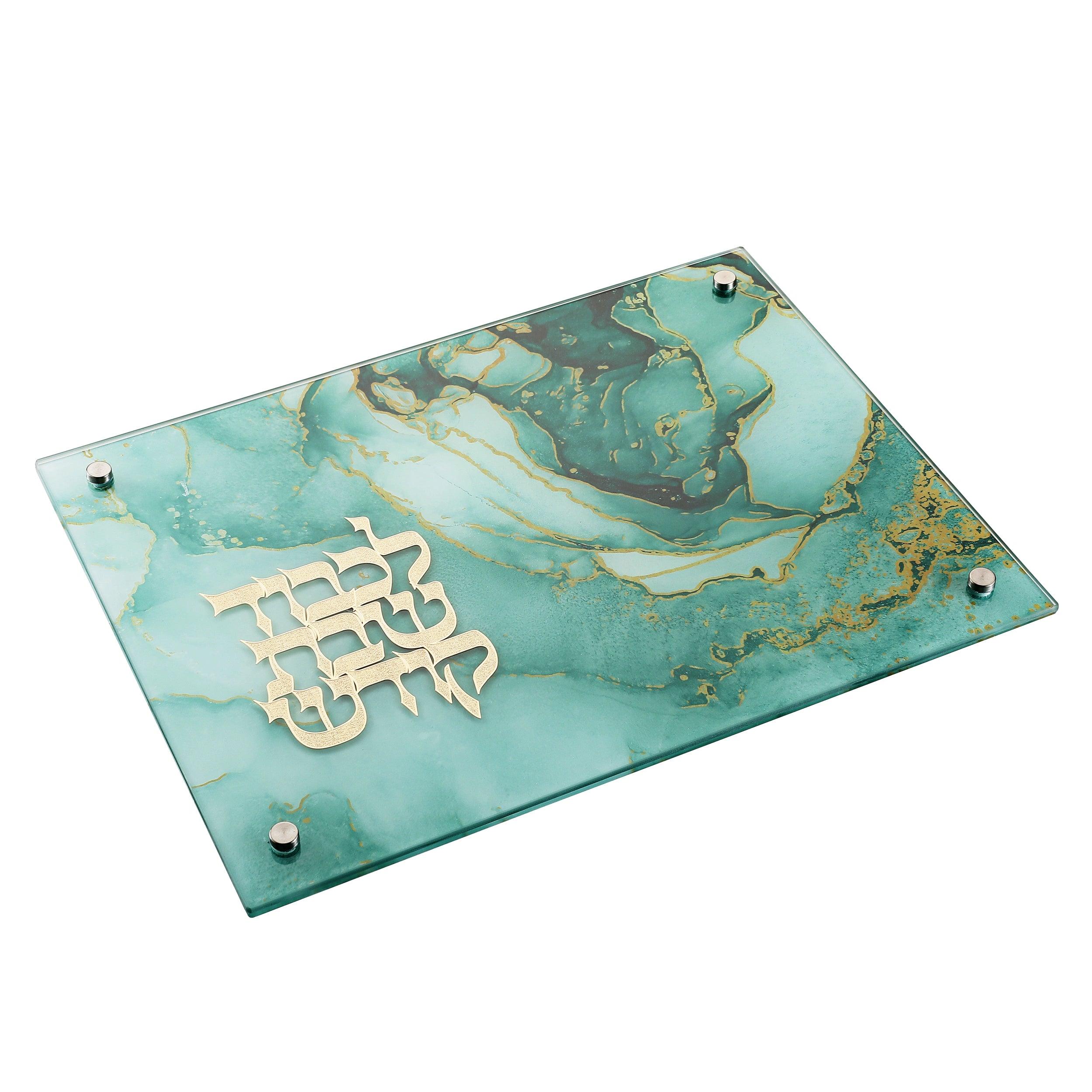 Teal Marble Challah Board With Gold Metal Plate - Elegant Linen