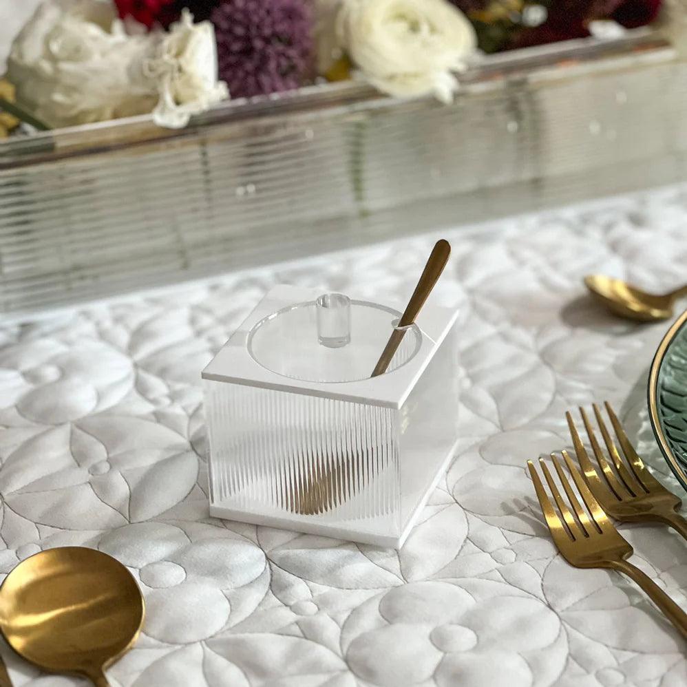 Wavy Lucite Square Honey Dish with Gold Spoon - Elegant Linen