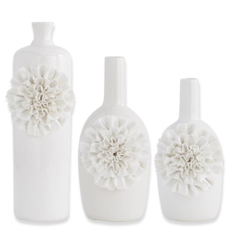 White Ceramic Vases W/White Carnations - Elegant Linen