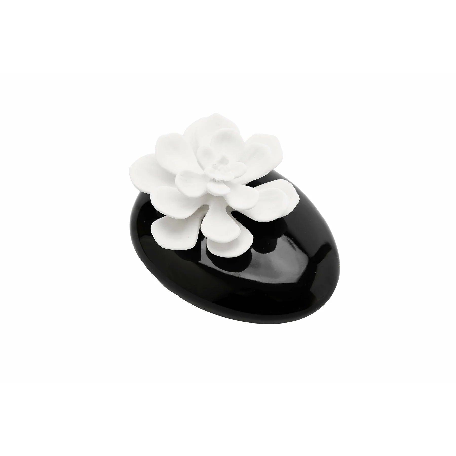 Black Diffuser With White Dimensional Flower, "Iris & Rose" - Elegant Linen