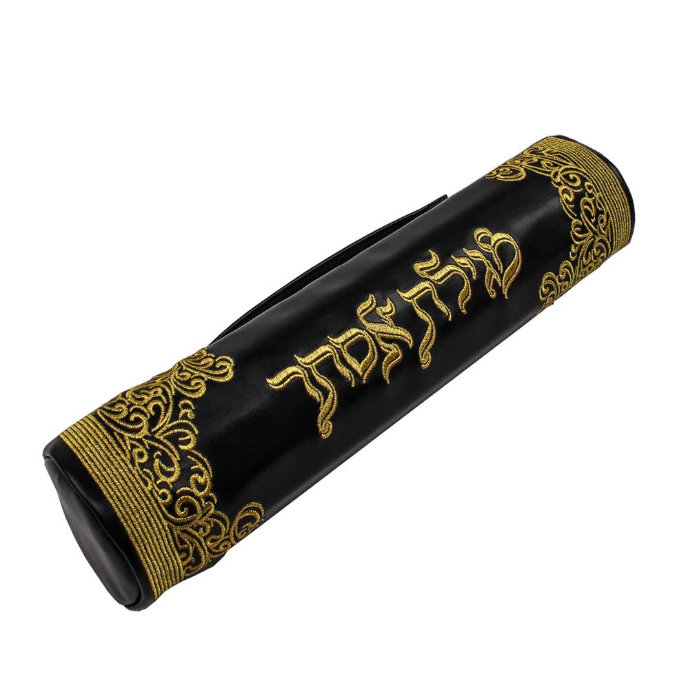 Black Leatherette Megillah Case Gold Royal Design - Elegant Linen