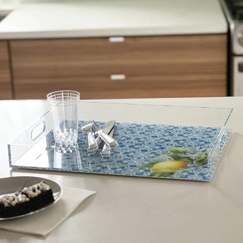 Blue Design Lucite Tray - Elegant Linen
