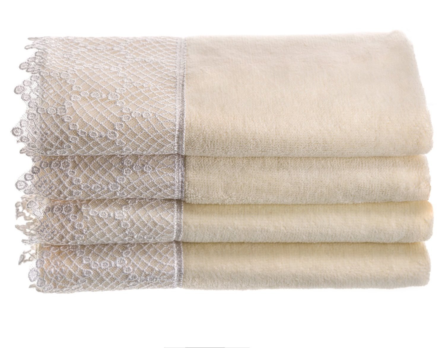 Creative Scents Cotton Velour Fingertip Towel in Cream Color With Cream Lace (set of 4)