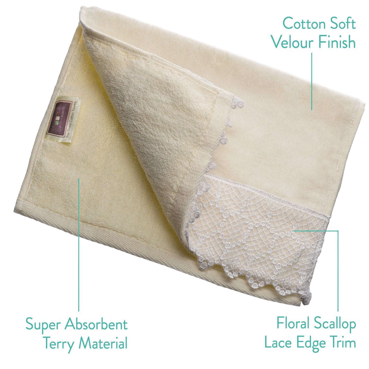 Creative Scents Cotton Velour Fingertip Towel in Cream Color With Cream Lace (set of 4)