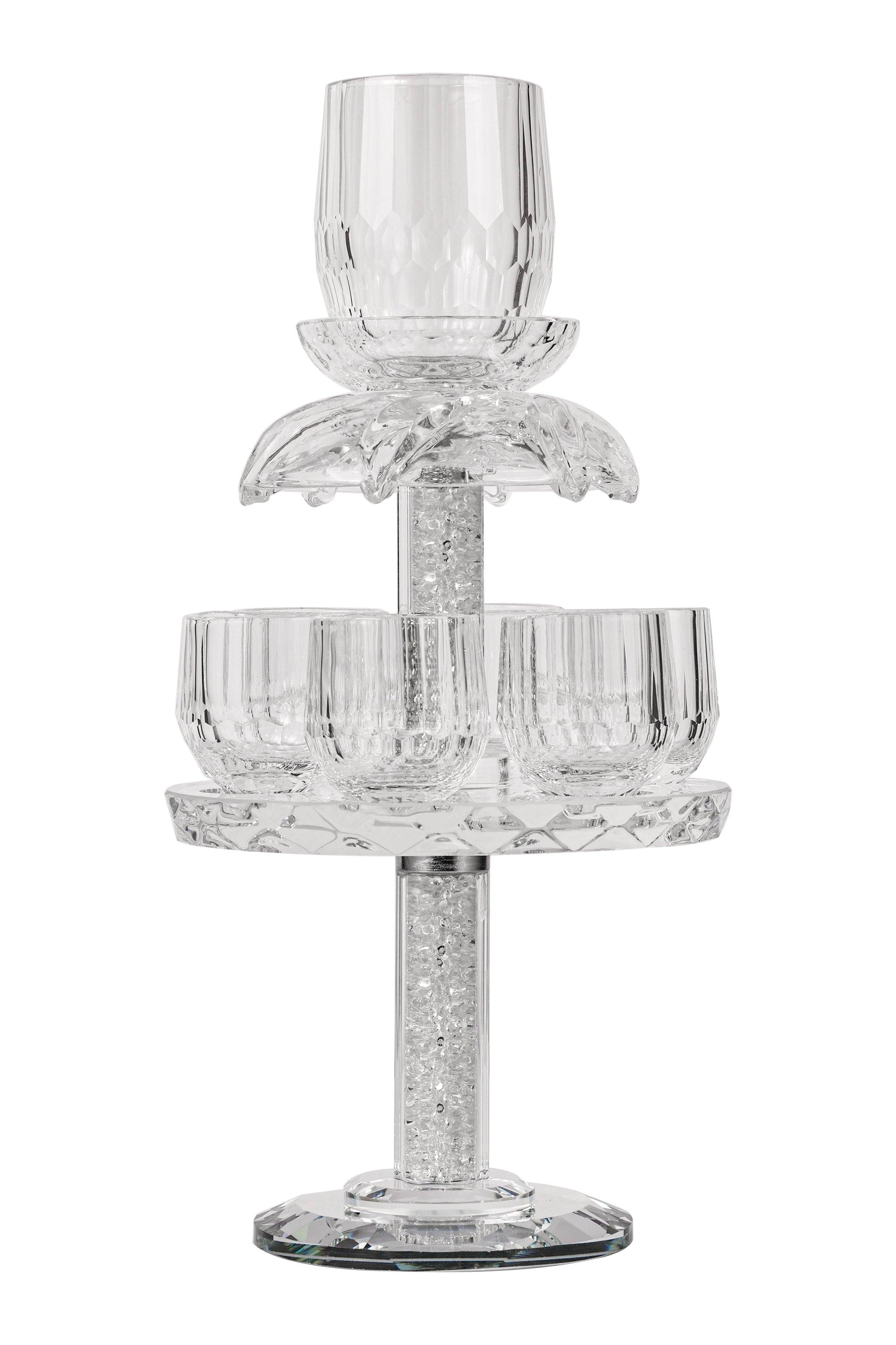 Crystal Glass Stem Kiddush Cup and Tray - Decorative Crushed Clear Stones