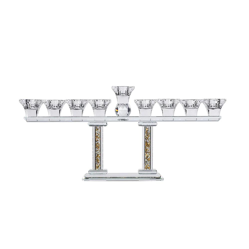 Crystal Menorah on Two Pillars with Gold and Silver Inner Gemstones - Elegant Linen