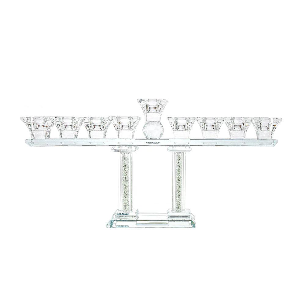 Crystal Menorah on Two Pillars with Gold and Silver Inner Gemstones - Elegant Linen