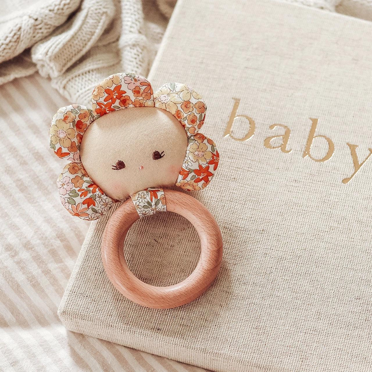 Flower Baby Teether Rattle Sweet Marigold - Elegant Linen