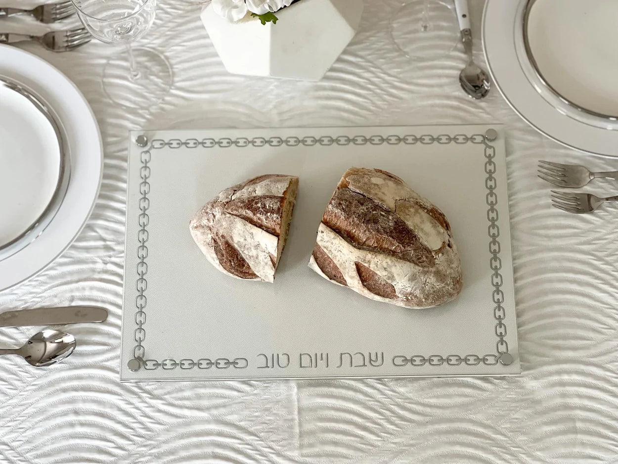 Glass Challah Board with Chain Design Embroidered Leatherette - Elegant Linen