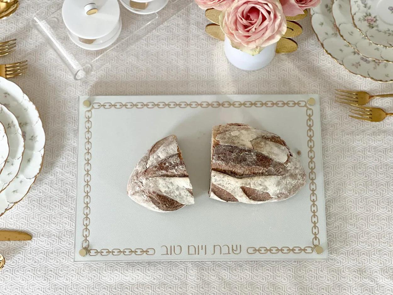 Glass Challah Board with Chain Design Embroidered Leatherette - Elegant Linen