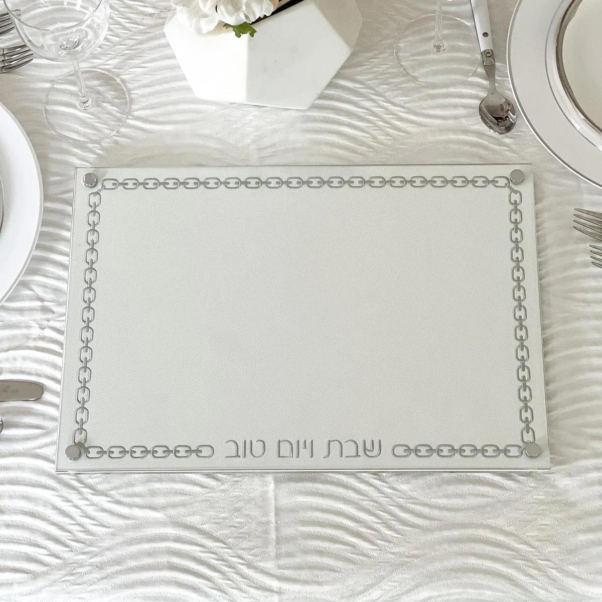 Glass Challah Board with Chain Design Embroidered Leatherette - Elegant Linen