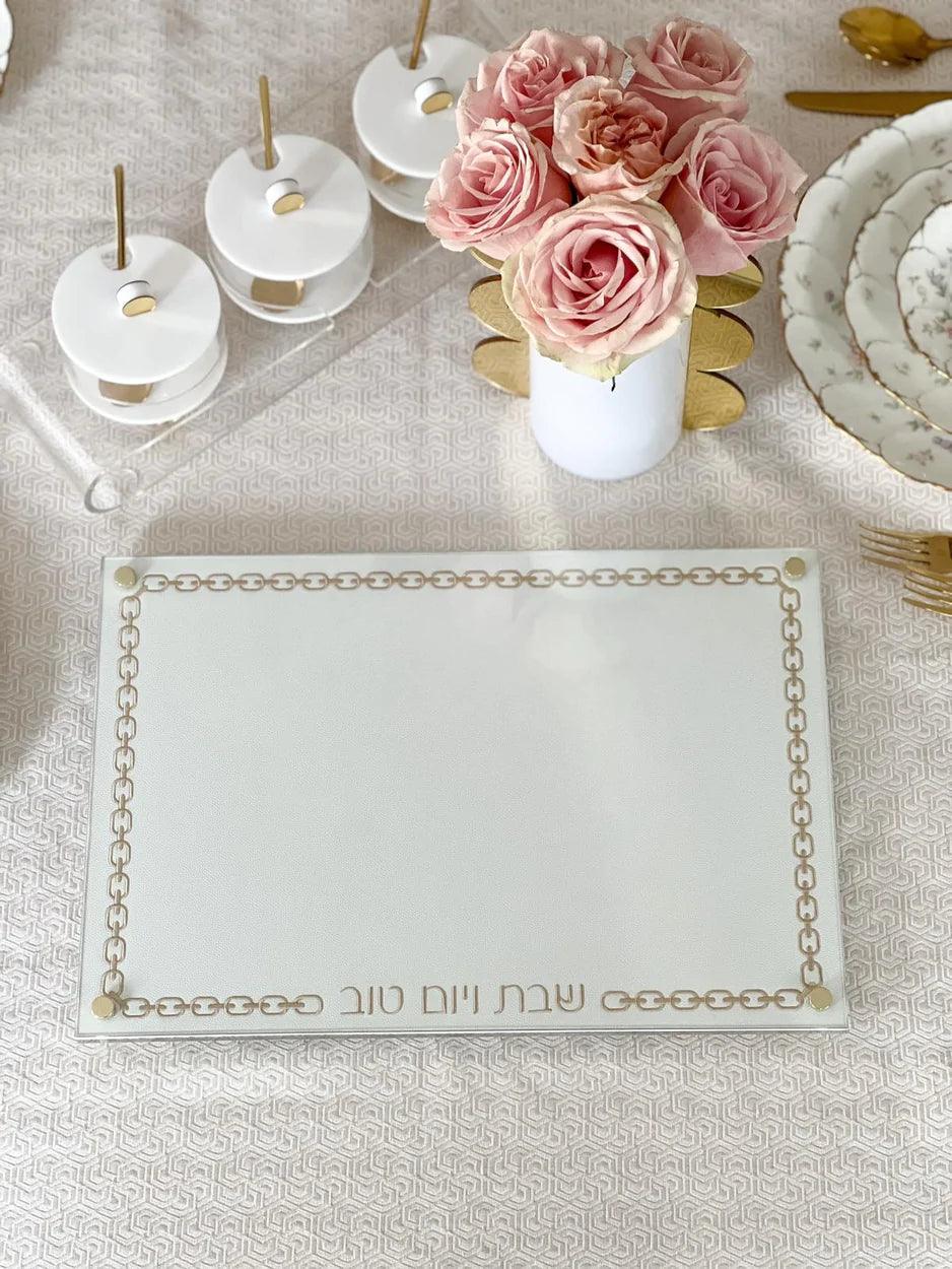 Glass Challah Board with Chain Design Embroidered Leatherette - Elegant Linen