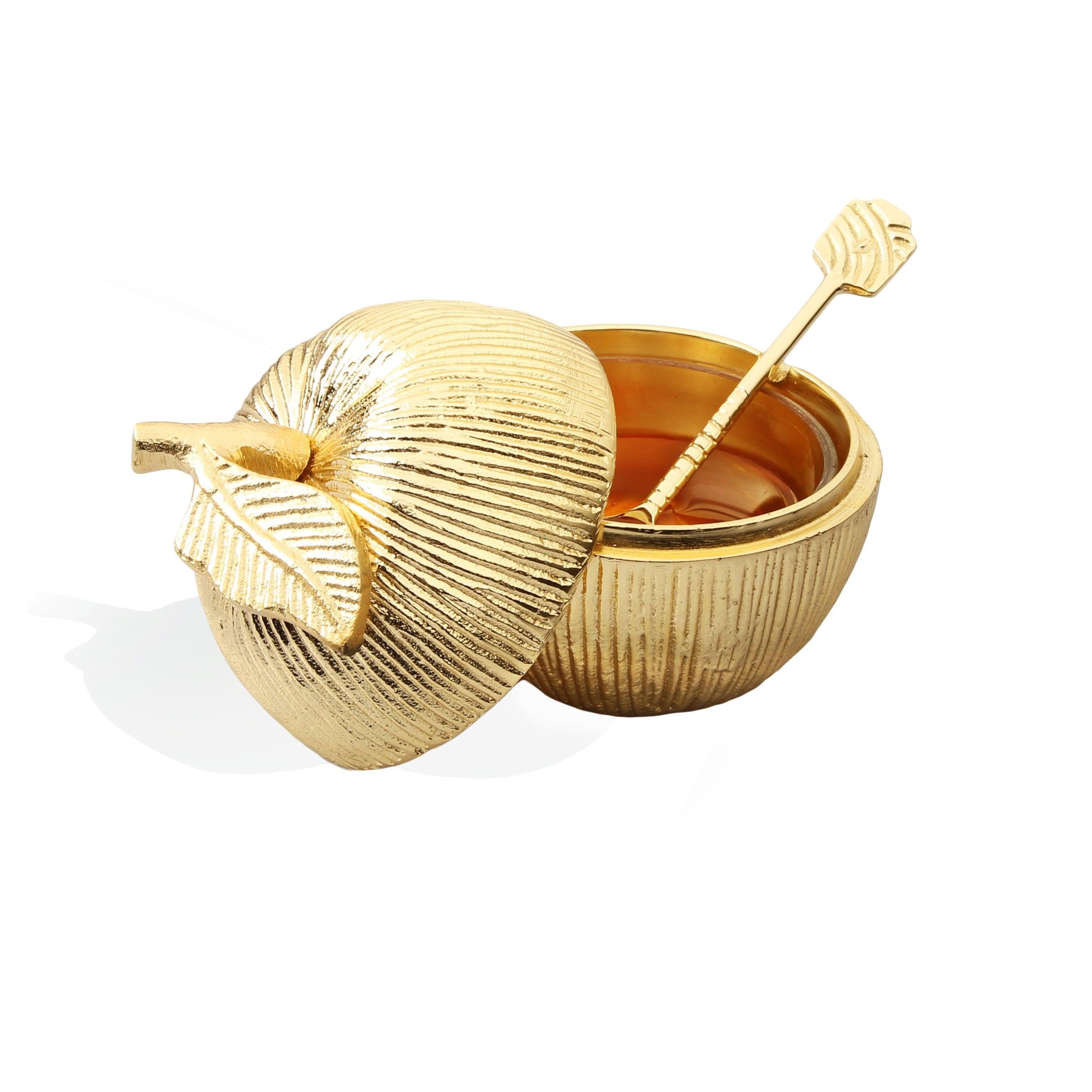 Gold Apple Shaped Honey Jar with Spoon - Elegant Linen
