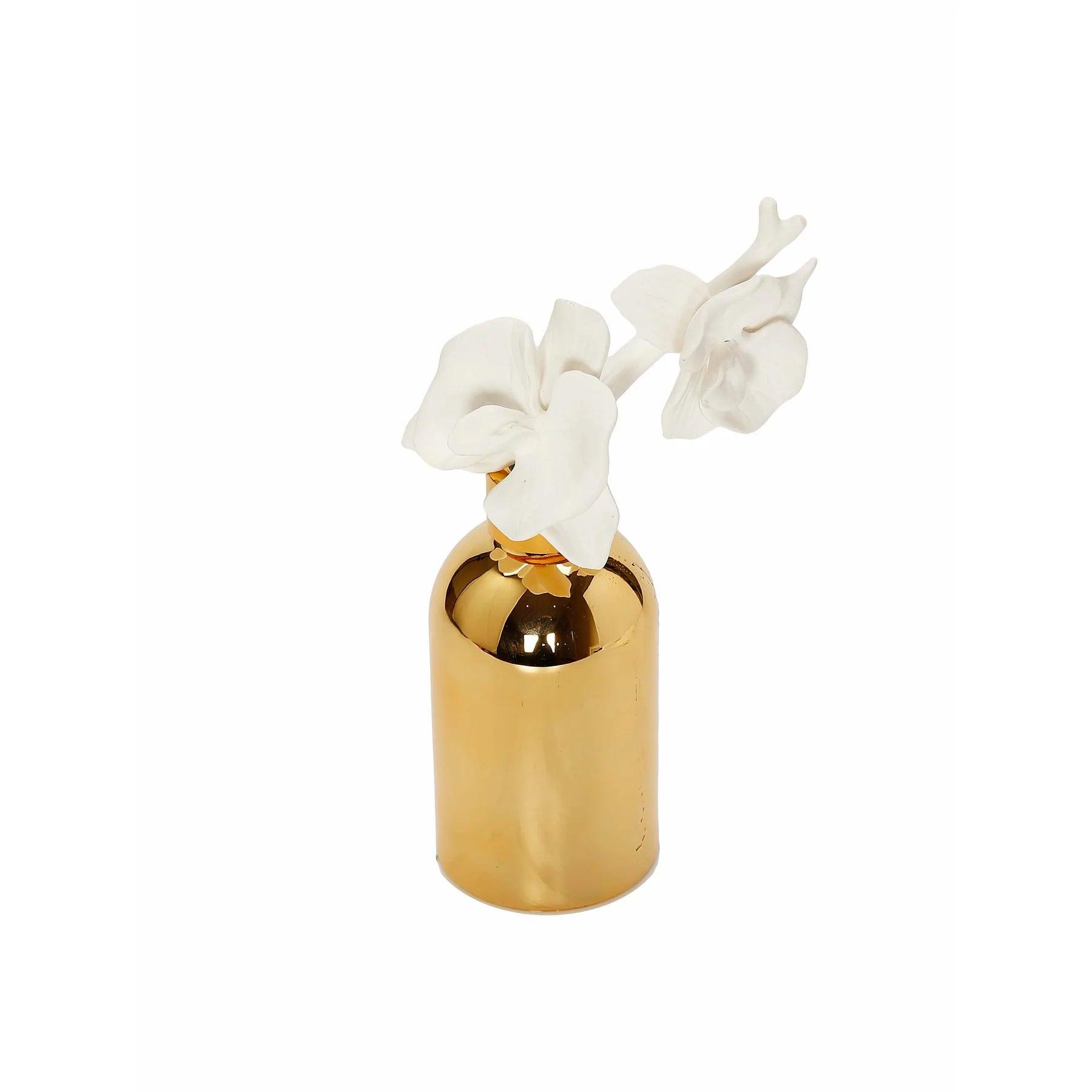 Gold Bottle Diffuser With Gold Cap/White Flower, "English Pear & Freesia" Scent - Elegant Linen