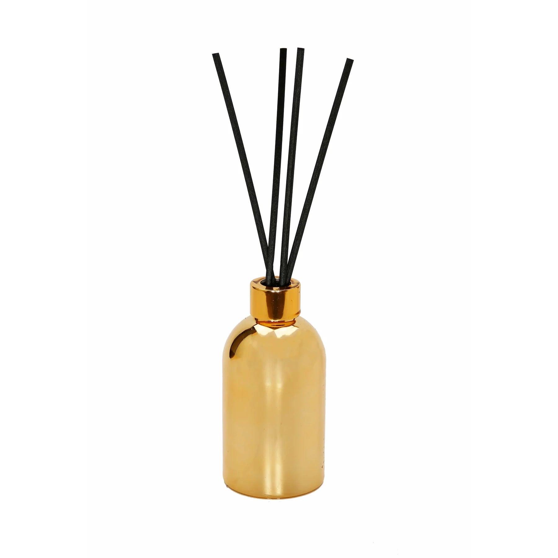 Gold Bottle Diffuser With Gold Cap/White Flower, "English Pear & Freesia" Scent - Elegant Linen