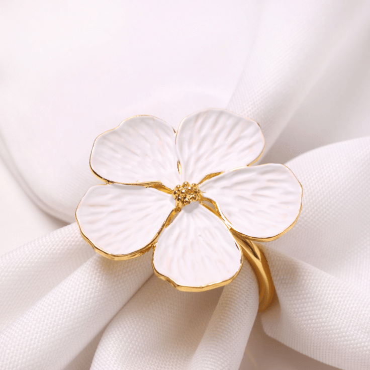 Gold Cream Flower Napkin Rings Set of 6 - Elegant Linen