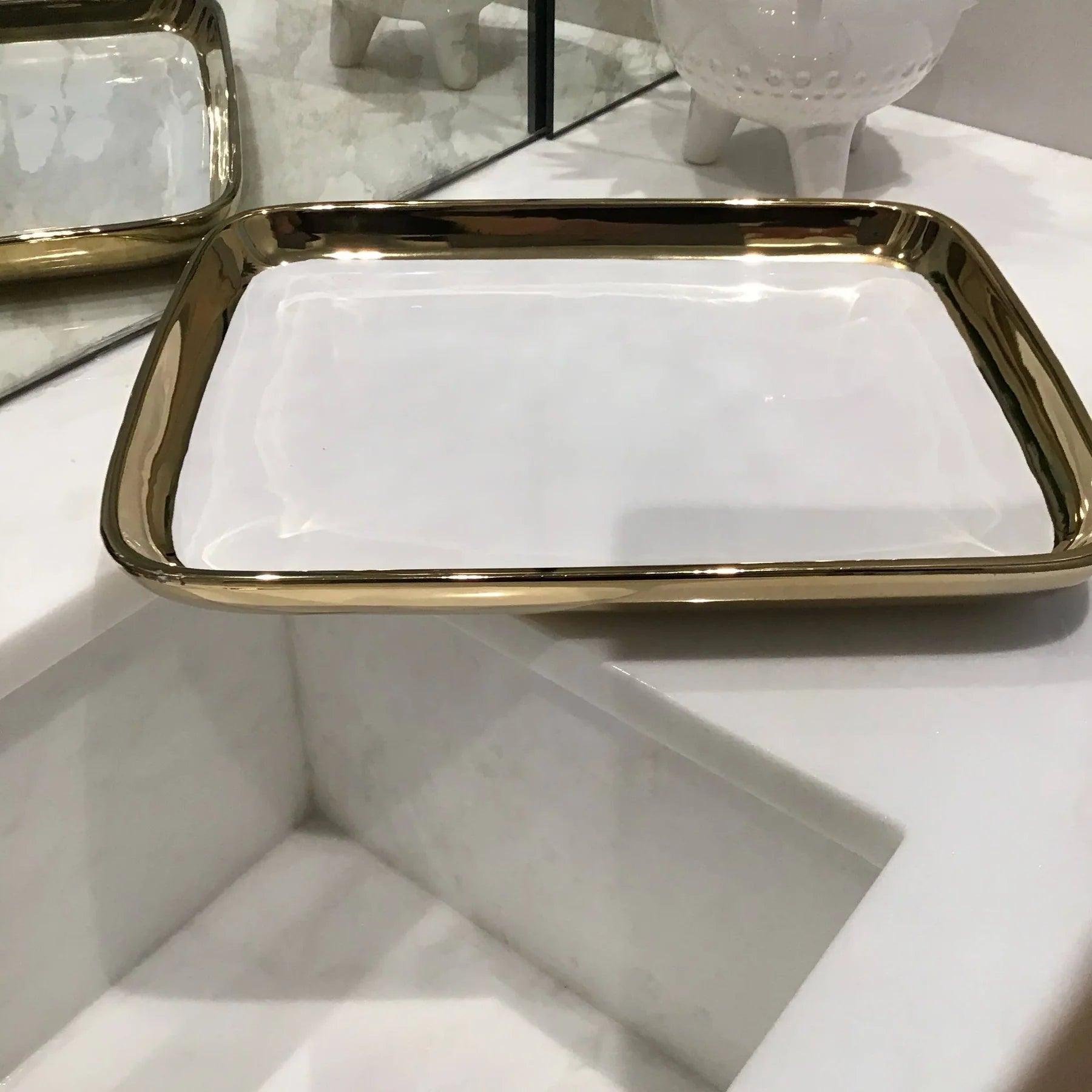Gold Edged White Oblong Tray - Elegant Linen