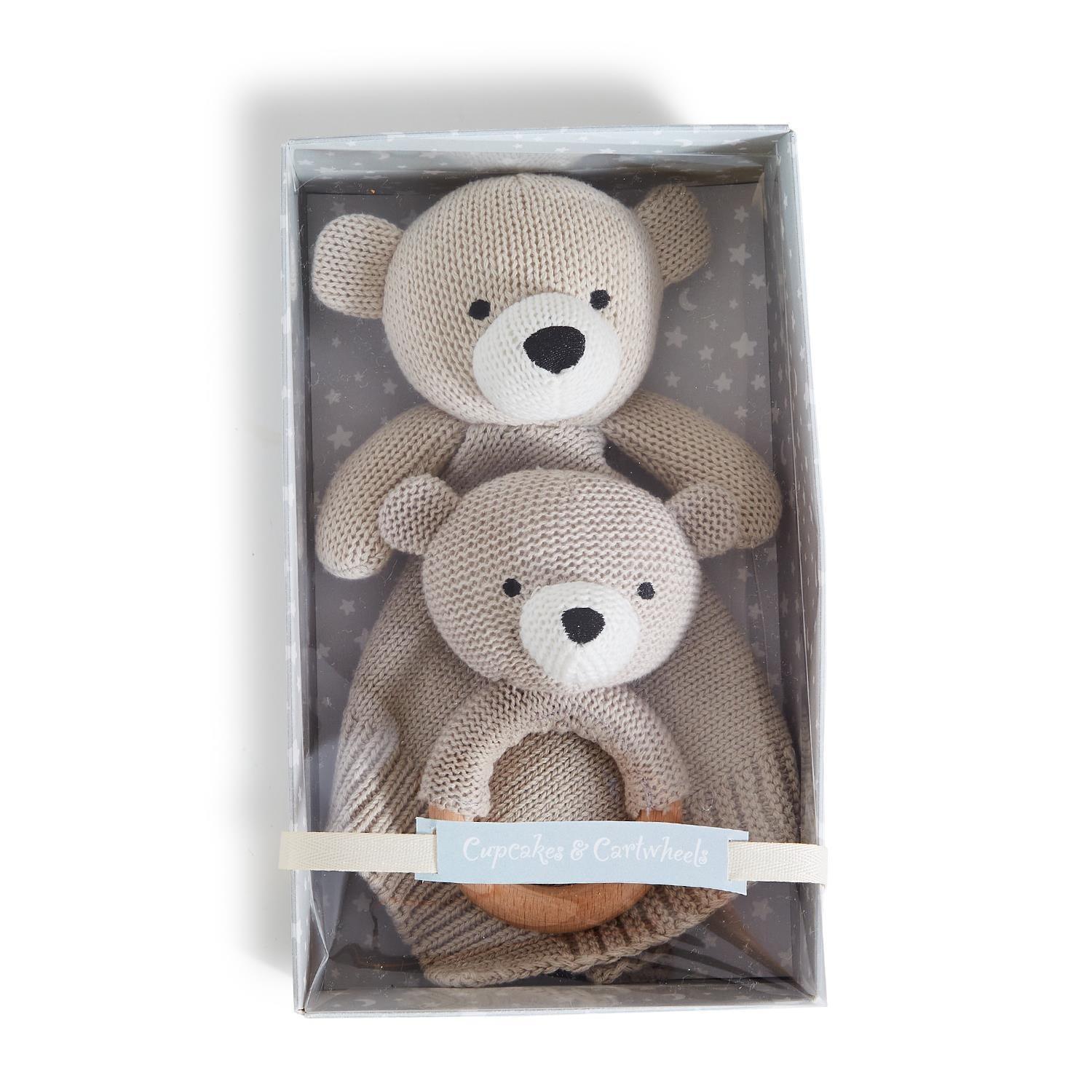 Knitted Baby Bear Snuggle and Rattle Set - Elegant Linen