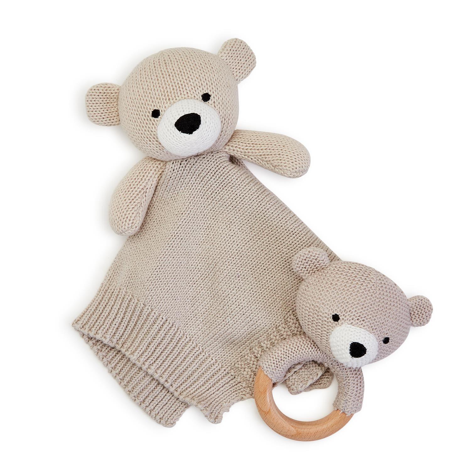 Knitted Baby Bear Snuggle and Rattle Set - Elegant Linen