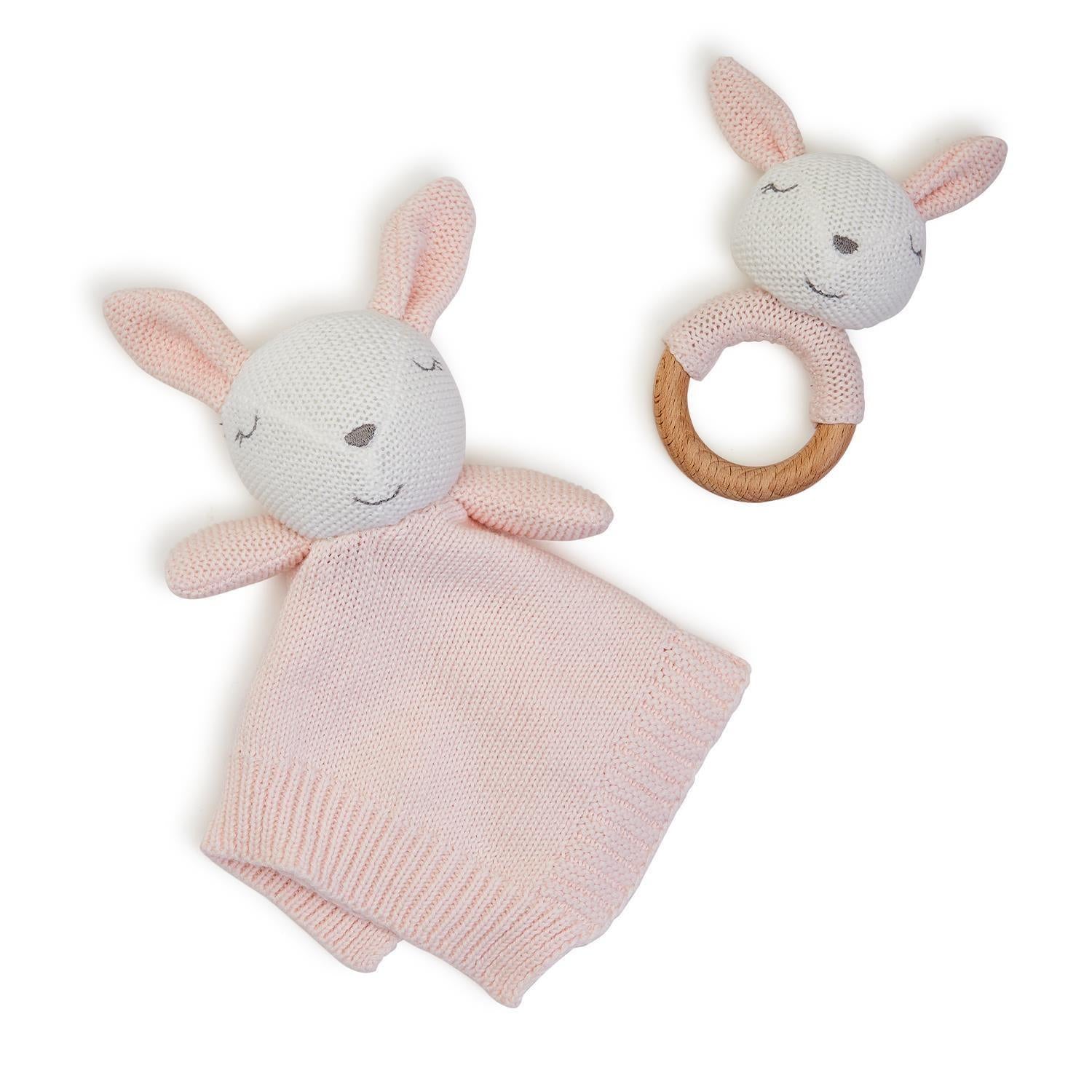 Knitted Baby Bunny Snuggle and Rattle Set - Elegant Linen