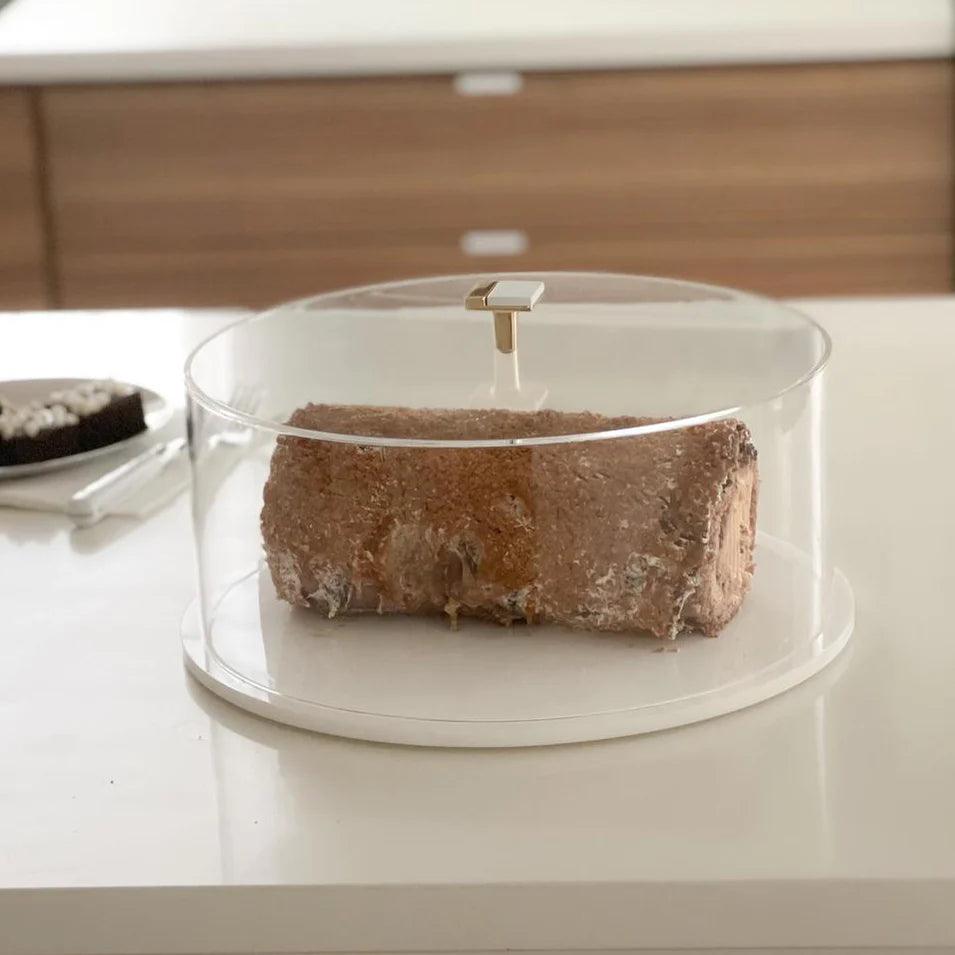 Lucite Cake Dome with White Base and Metal Knob Handle - Elegant Linen