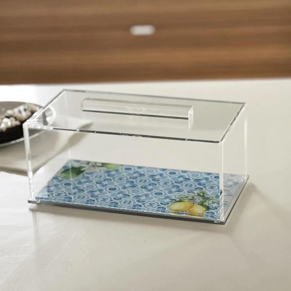 Lucite Cake Tray with Painted Lemon Printed Base and Clear Lid - Elegant Linen