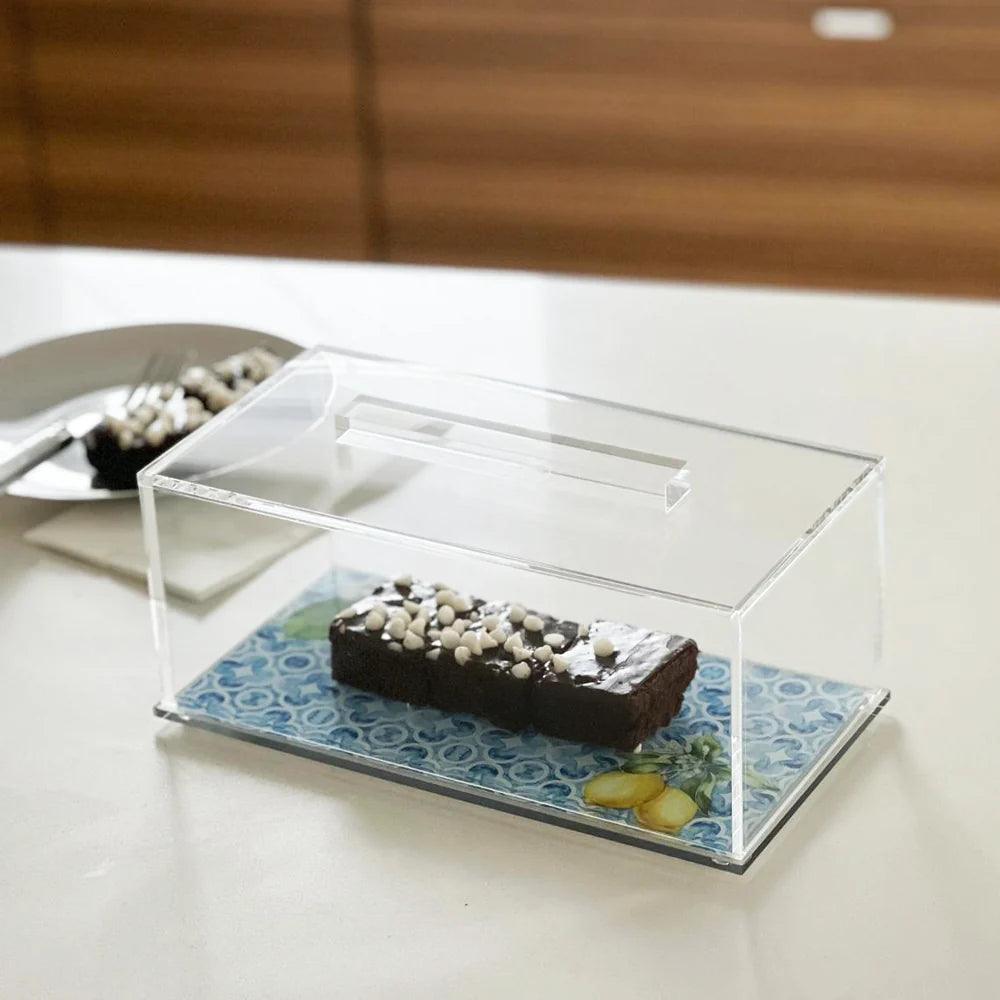 Lucite Cake Tray with Painted Lemon Printed Base and Clear Lid - Elegant Linen