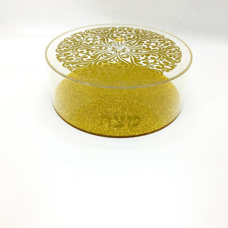 Lucite Matzah Box Gold Floral Design - Elegant Linen