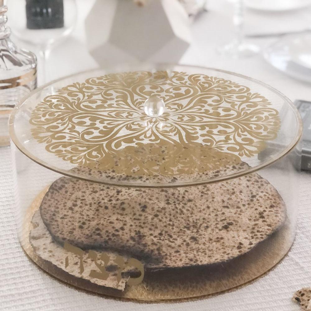 Lucite Matzah Box Gold Floral Design - Elegant Linen