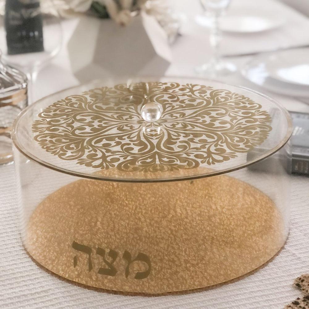 Lucite Matzah Box Gold Floral Design - Elegant Linen