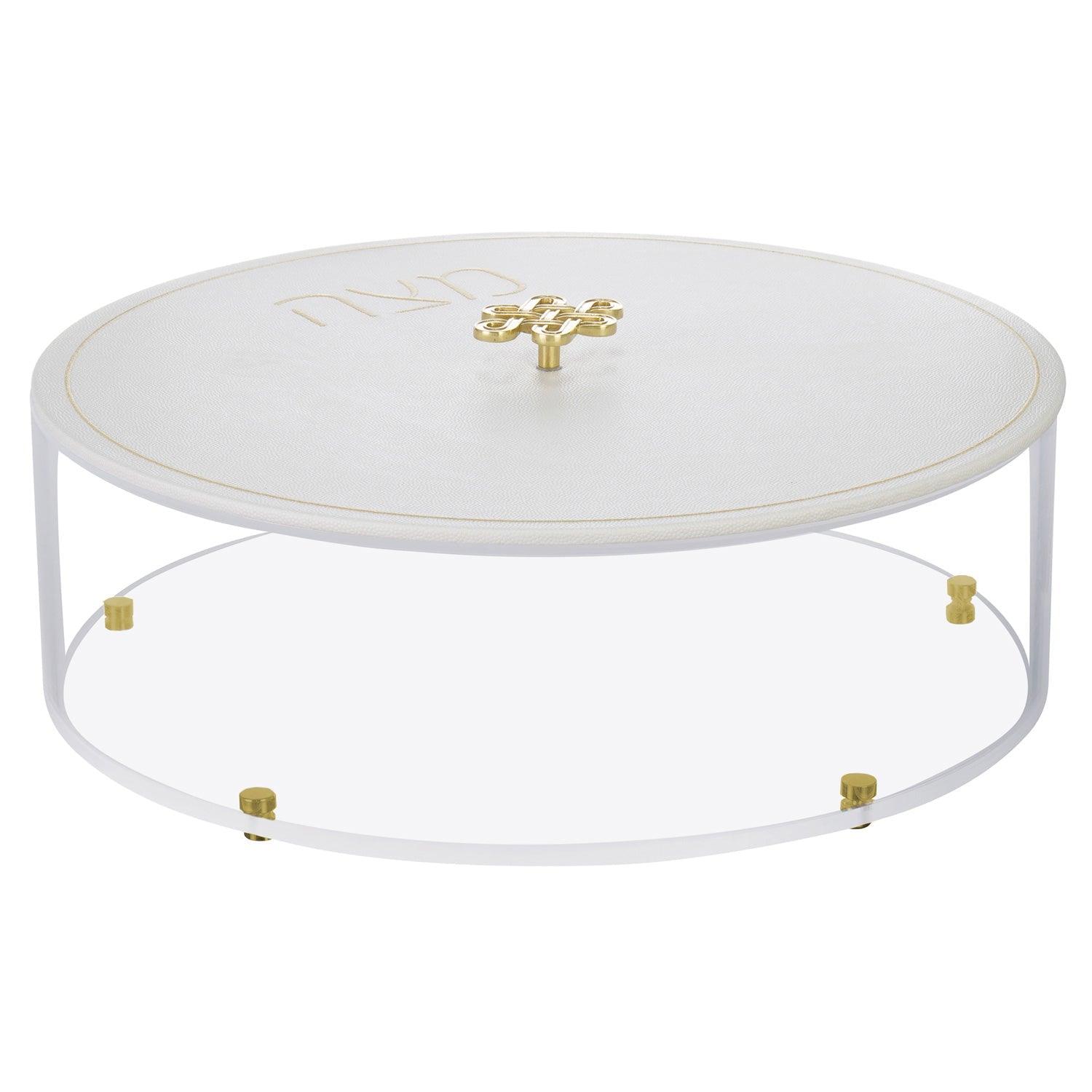 Lucite Matzah Box with White Leatherette Cover and Knot Handle - Elegant Linen