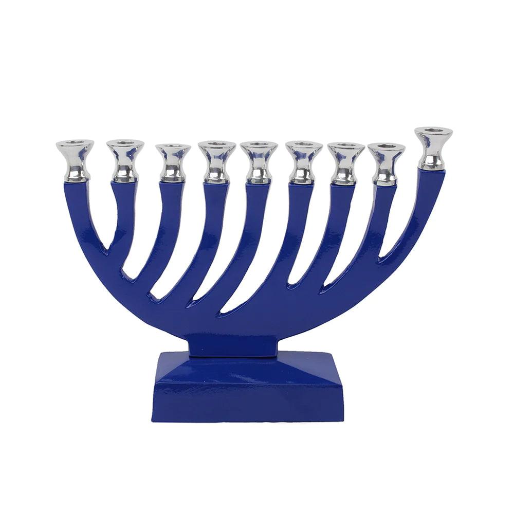 Metal Candle Menorah Blue Enamel - Elegant Linen