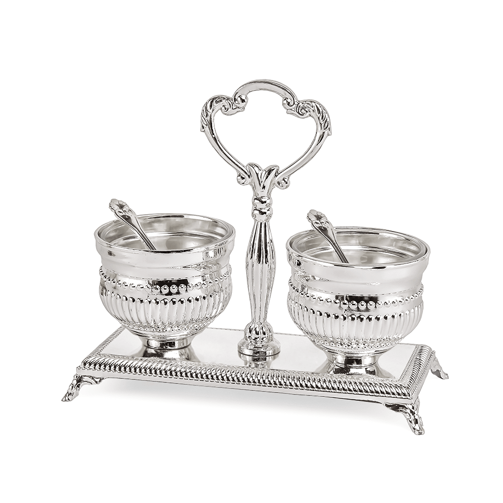 Silver Plated Double Salt Holder Beaded Design - Elegant Linen